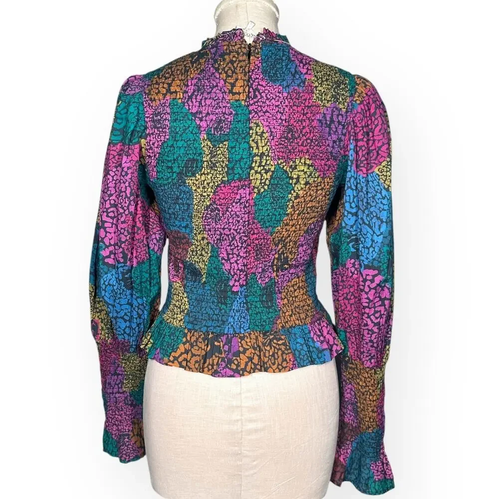 FARM RIO Leopard Rainbow Mix Blouse Smocked Ruffle Boho Cottagecore Glam Indie